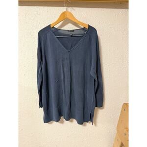 Eileen Fisher V Neck Cotton Tencel Blend Tunic Length Sweater Blue